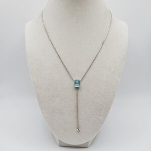 VINTAGE Monet Blue Rhinestone Silver Tone Lariat Y-Drop Dainty Necklace